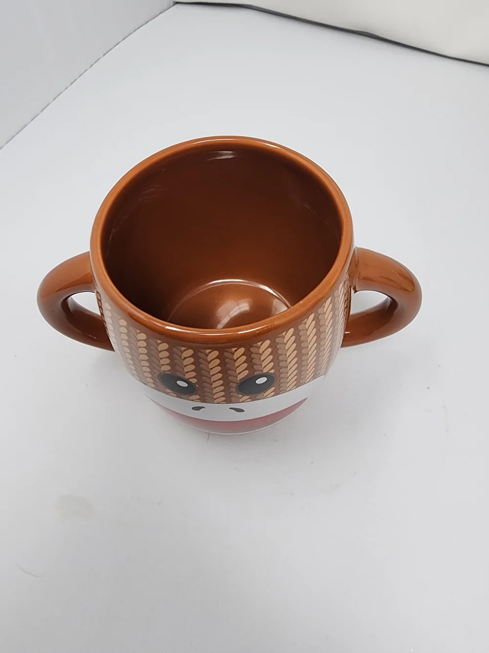 Playful Sock Monkey Double-Handle Ceramic Mug - Brown with Red Mouth